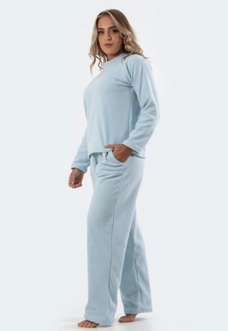 Pijama Feminino Diluxo Soft Longo Inverno Plush Super Conforto Azul