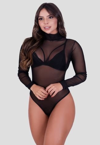 Kit 2 Body Feminino Tule Preto Manga Longa Gola Alta Inverno Branco e Preto