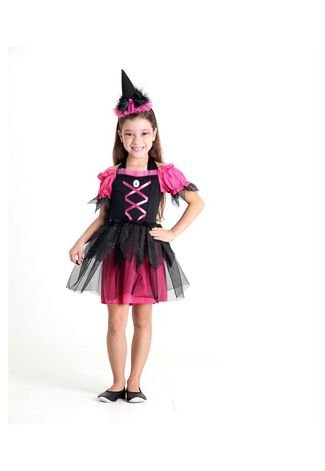 Fantasia Bruxa Halloween Infantil Menina Vestido Preto Clássico e