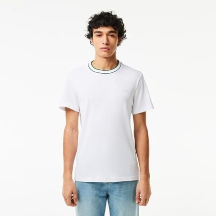 Camiseta com Gola Listrada em Piqué e Tecido Elástico Branco - Marca Lacoste