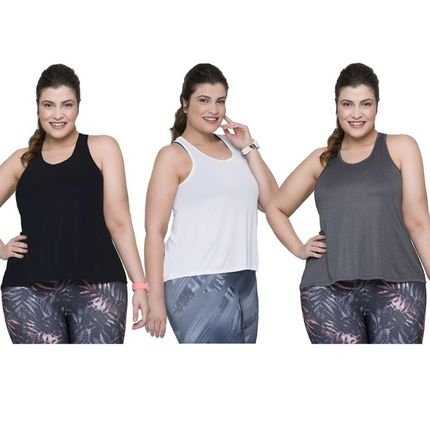 Kit 3 Regatas Selene Fitness Plus Size Feminina - Preto, Branco e Cinza - Marca Selene
