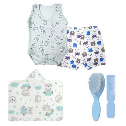 Kit Bebê 5 Pçs Body Shorts Toalha Capuz e Kit Pente e Escova Azul - Marca Koala Baby