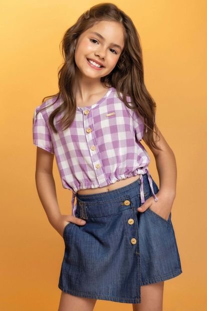 Conjunto Infantil Menina Xadrez Jeans Colorittá Lilás - Marca Colorittá