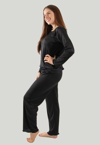 Pijama Longo Canelado Feminino Roupa de Dormir Linha Noite Preto