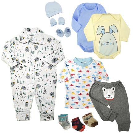 Kit Bebê 11 Peças Body Camiseta Macacão Mijão e Acessórios Azul - Marca Koala Baby