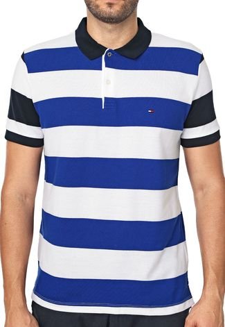 Camisa Polo Tommy Hilfiger Reta Listrada Branca/Azul
