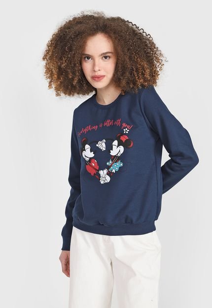 Blusa de Moletom Flanelada Fechada Cativa Disney Mickey & Minnie Azul-Marinho - Marca Cativa Disney