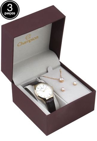 Kit 3pçs Relógio Champion CN28296A Marrom/Dourado