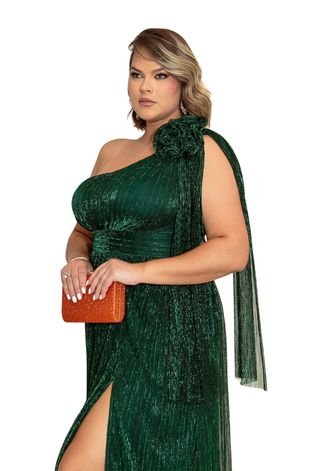 Vestido Longo De Festa Madrinhas Lurex Fio Metalizado Com Brilho um Ombro Phizze Plus Size  Verde Esmeralda