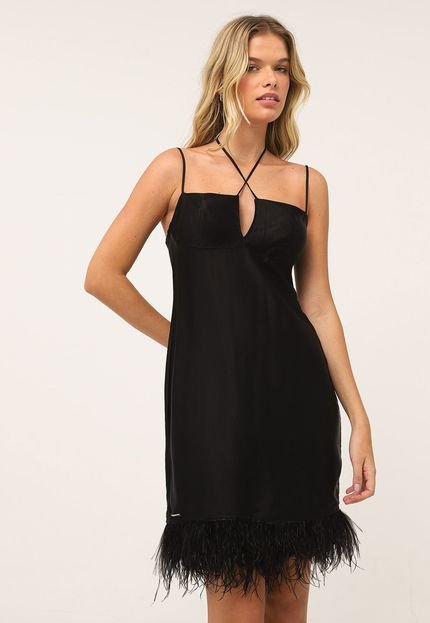 Vestido Cetim Colcci Curto Plumas Preto - Marca Colcci