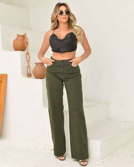 Calça Sarja Wide Leg Feminina Cintura Alta Elastano 28008 Verde Militar Consciência - Marca Consciência