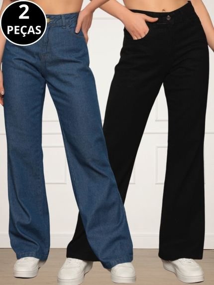 Kit 02 Calças Jeans Wide Leg Pantalona Feminina Azul Escuro e Preto - Marca CKF Wear