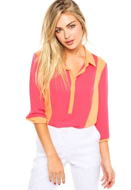 Camisa Cia de Moda Block Silky Rosa/ Laranja - Marca Cia de Moda