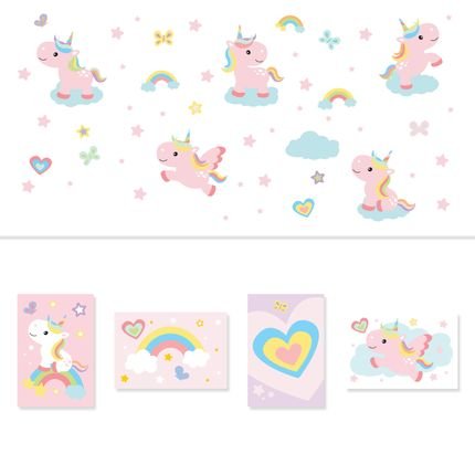 Menor preço em Adesivo Infantil Unicornio Rosa e Placas Decorativas Kit Decoração