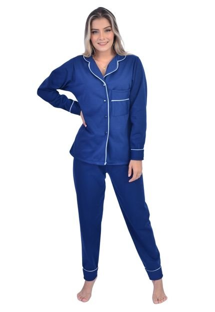 Pijama Americano Longo De Frio Moletinho Flanelado Botões Inverno Azul - Marca CIA DA SEDA