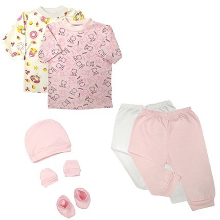 Kit Bebê 7 Peças Camisetas Curta e Longa e Mijão   Kit Touca Rosa - Marca Koala Baby