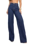 Calça Jeans Pantalona Wide Leg Elegante Lavagem Média Feminina Confortável Tecido Premium - Marca Pletora