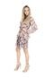 Vestido Liage Curto Estampado Floral Manga Comprida Babado Decote V Transparencia Flores Rosa Laranja Off-White Preto - Marca Liage