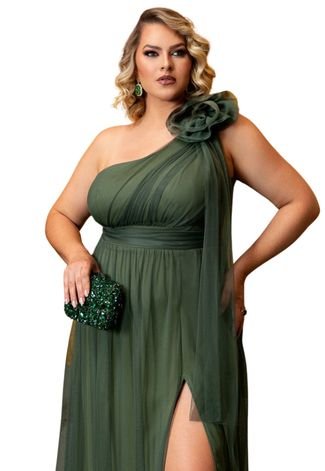 Vestido Longo de Festa Madrinhas Curvy Plus Size um Ombro com Detalhe Macela Verde Oliva