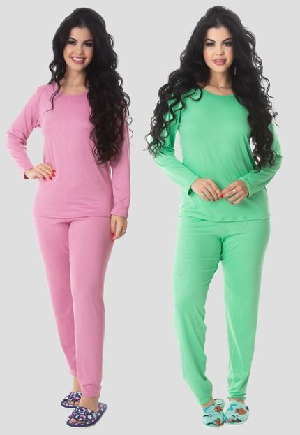 Kit 2 Pijama Longo Suede Inverno Feminino MdMix Verde e Rosa - Marca MdMix