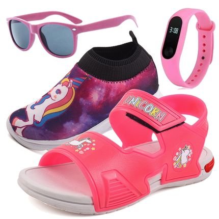 Kit Sandalia Infantil de Led Verão Meninas Papete Unicornio Tênis Calce Facil Óculos Relógio - Marca CALCADOS LGHT LIGHT