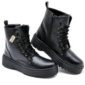 Bota Feminino Blogueira Com Cadarco  Coturno Militar Cano Alto Sola de Borracha Antiderrapante 202-GG - Preto - Marca Gugi