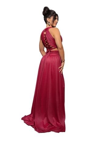 Vestido Longo de Festa Micro Tule com Brilho decote em V Abertura Lateral Camille Pink