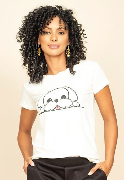 T-Shirt Baby Malha Manga Curta Corte a Fio Off White Cachorro Fofo - Marca Amazonia Vital