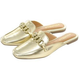 Sapato Mule Femino Donatella Shoes Bico Quarado Corrente Colorido Metalizado Ouro Light