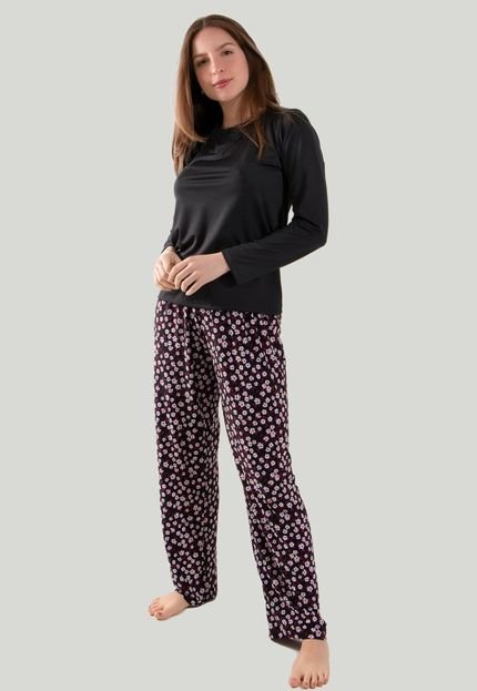 Pijama Longo de Liganete Estampas Variadas Feminino Roupa de Dormir Linha Noite Preto - Marca Linha Noite