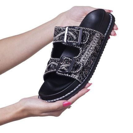 Sandália Papete Feminina Com Pedraria Strass Napa Preta Lançamento - Marca Carolla Shoes