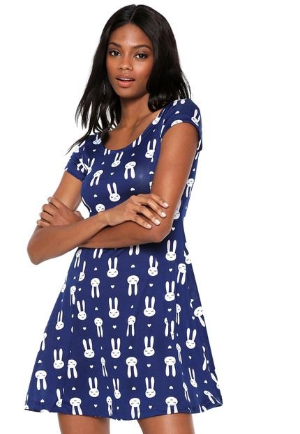 Vestido FiveBlu Curto Coelhos Azul-Marinho - Marca FiveBlu