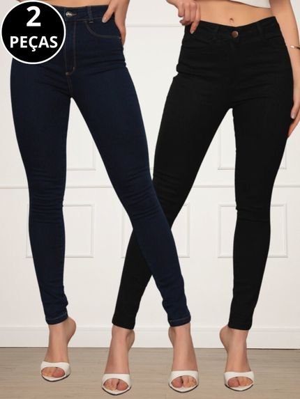 Kit 02 Calças Jeans Skinny Feminina Azul Escuro e Preto - Marca CKF Wear