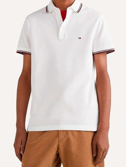 Polo Tommy Hilfiger Masculina Slim Piquet 1985 Tipped Slim Off-White - Marca Tommy Hilfiger