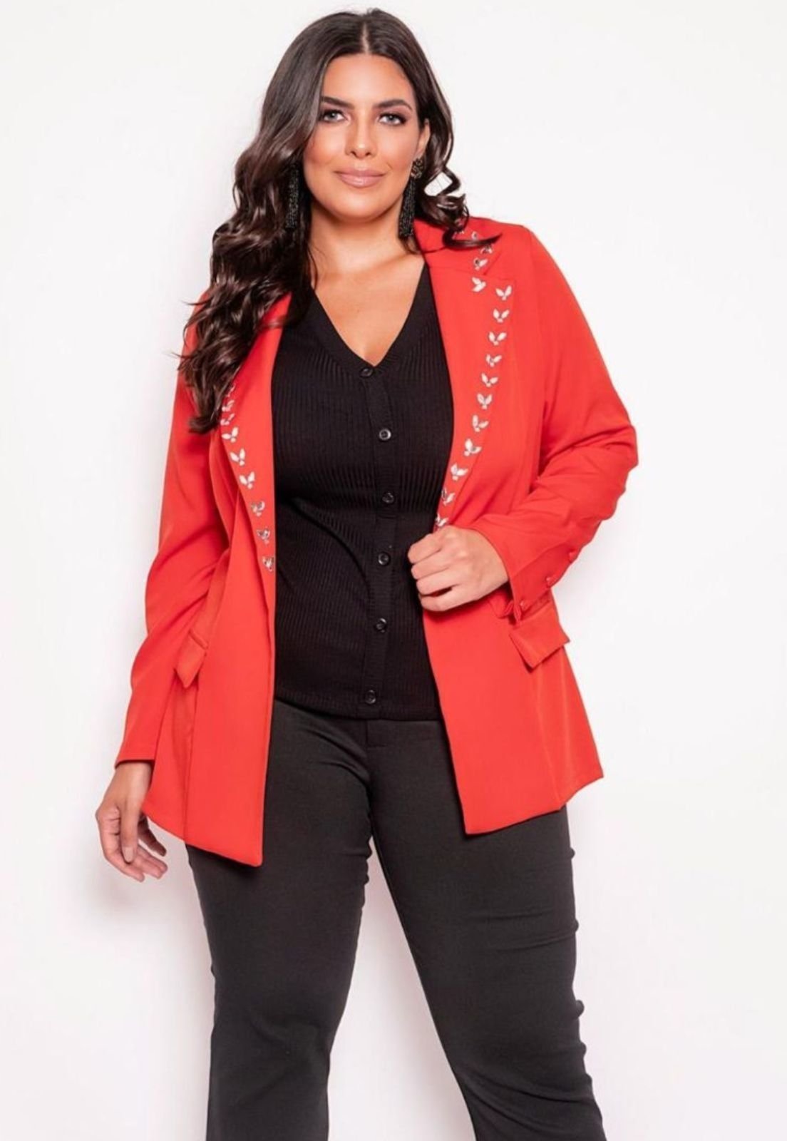 Blazer Liso Social Feminino Plus Size Com Pedrarias G G1 G2  Azul - Marca Predilects Plus