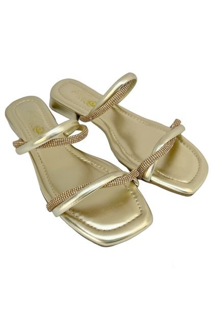 Sandalia Salto Baixo Delicada Leve Confortavel Modelo Transpaçada Baulada Ouro  Dourado - Marca RYHEN CALCADOS