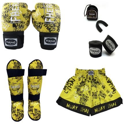 Menor preço em Kit Muay Thai Top - Luva Bandagem Bucal Caneleira Shorts  - GRAFITE 14 oz