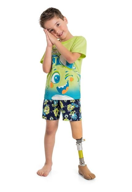 Pijama Infantil Masculino com Camiseta e Bermuda em Meia Malha Quimby Verde - Marca Quimby