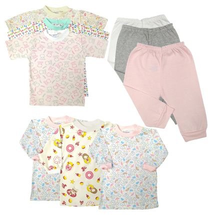 Kit Roupa de Bebê 9 Pçs Camiseta Manga Curta e Longa e Mijão Rosa - Marca Koala Baby