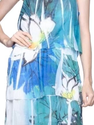 Vestido 101 Resort Wear  Saida de Praia Camadas Crepe Estampado Exclusivo Floral Azul