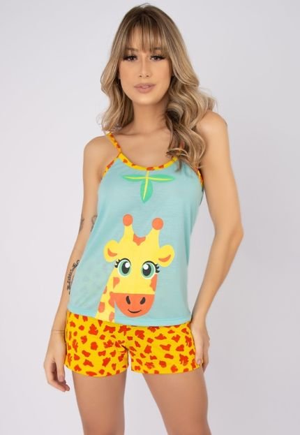 Baby Doll Vekyo Pijama Curto Verão Girafa Azul Claro - Marca VEKYO