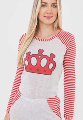 Pijama Longo Linha Noite Coroa Princesa Listras Mescla com Vermelho