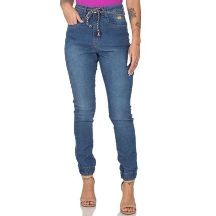 Calça Jeans Jogger Feminina Com Cinto Trançado Casual - Marca Zafina