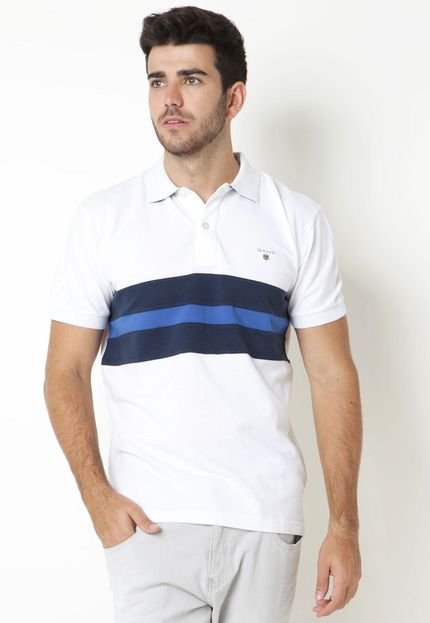 Camisa Polo Gant M.T. Pieced Chest Stripe Pique Rugg Branca - Marca Gant