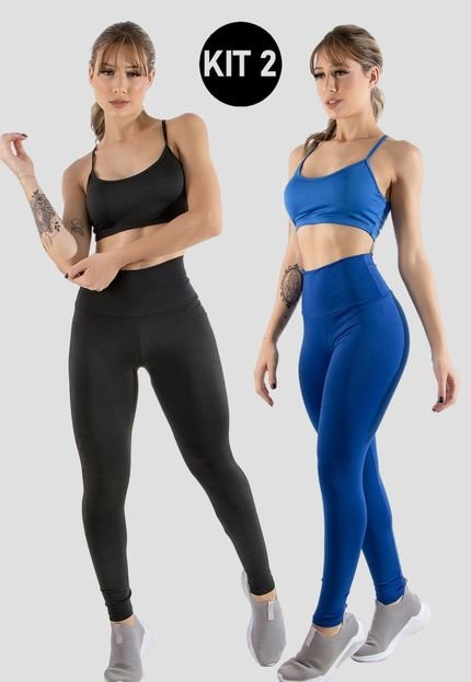 Kit 2 Conjuntos Feminino Fitness Top alça fina e Calça Legging Lisa Treino Academia 4 Estações Preto/Azul Royal - Marca 4 Estações