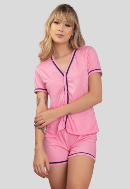Baby Doll Americano Pijama Feminino Blogueira Aberto Botões Short Curto Adulto Pink - Marca Bella Fiore Modas