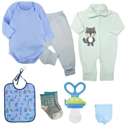 Kit Roupa de Bebê 6 Pçs Body Mijão Macacão e Acessórios Bebê Azul - Marca Koala Baby
