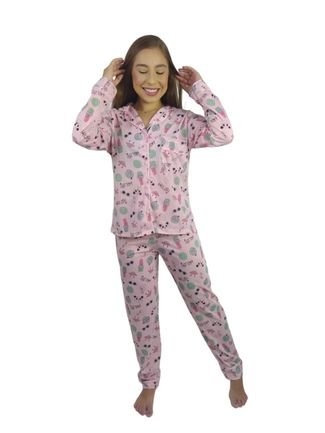 Pijama Feminino Inverno Adulto Americano Longo De Frio Rosa Panda