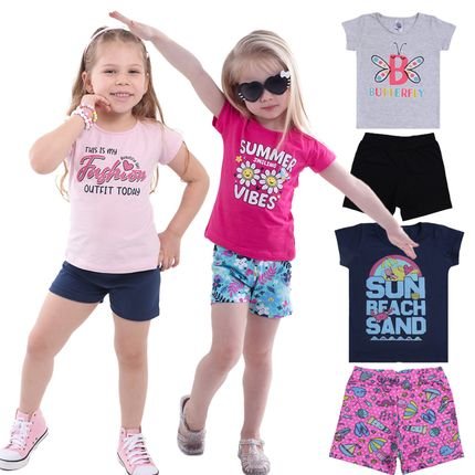 Kit com 4 Conjuntos de Menina de Verão infantil Algodão Camisetas Manga Curta Shorts Cotton - Marca CFAstore