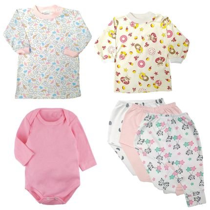 Kit Roupinhas de Bebê 6 Pçs Camiseta Body Longo Mijão Barato Rosa - Marca Koala Baby